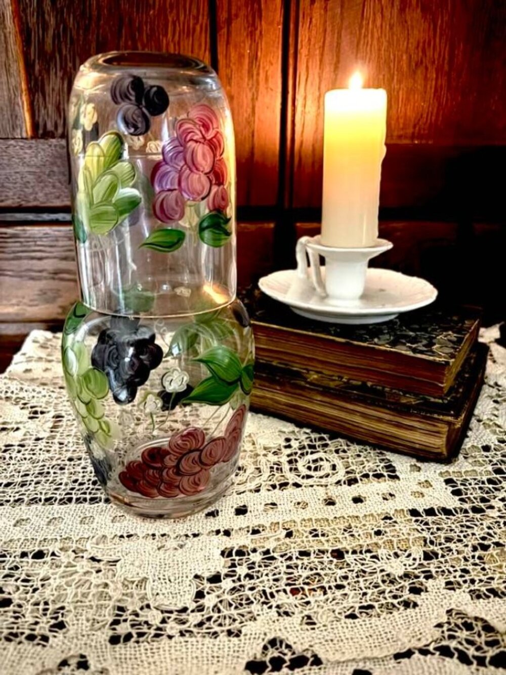 Vintage Hand Painted Tumble Up Set, Bedside Water Carafe with Glass Lid, Cottage - Picture 8 of 10